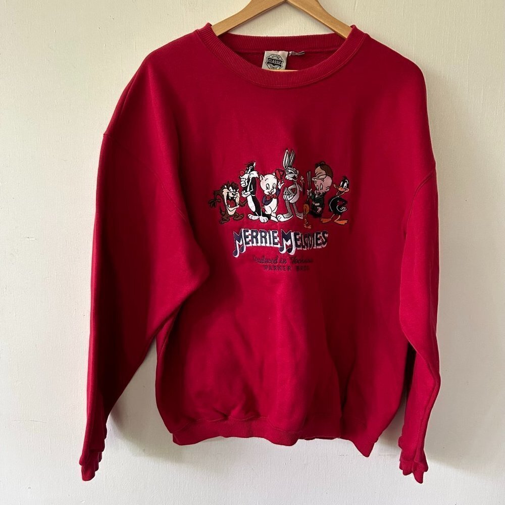 Looney Tunes Merrie Melodies Sweatshirt Large Crew Neck VTG Bugs Bunny Elmer 90s